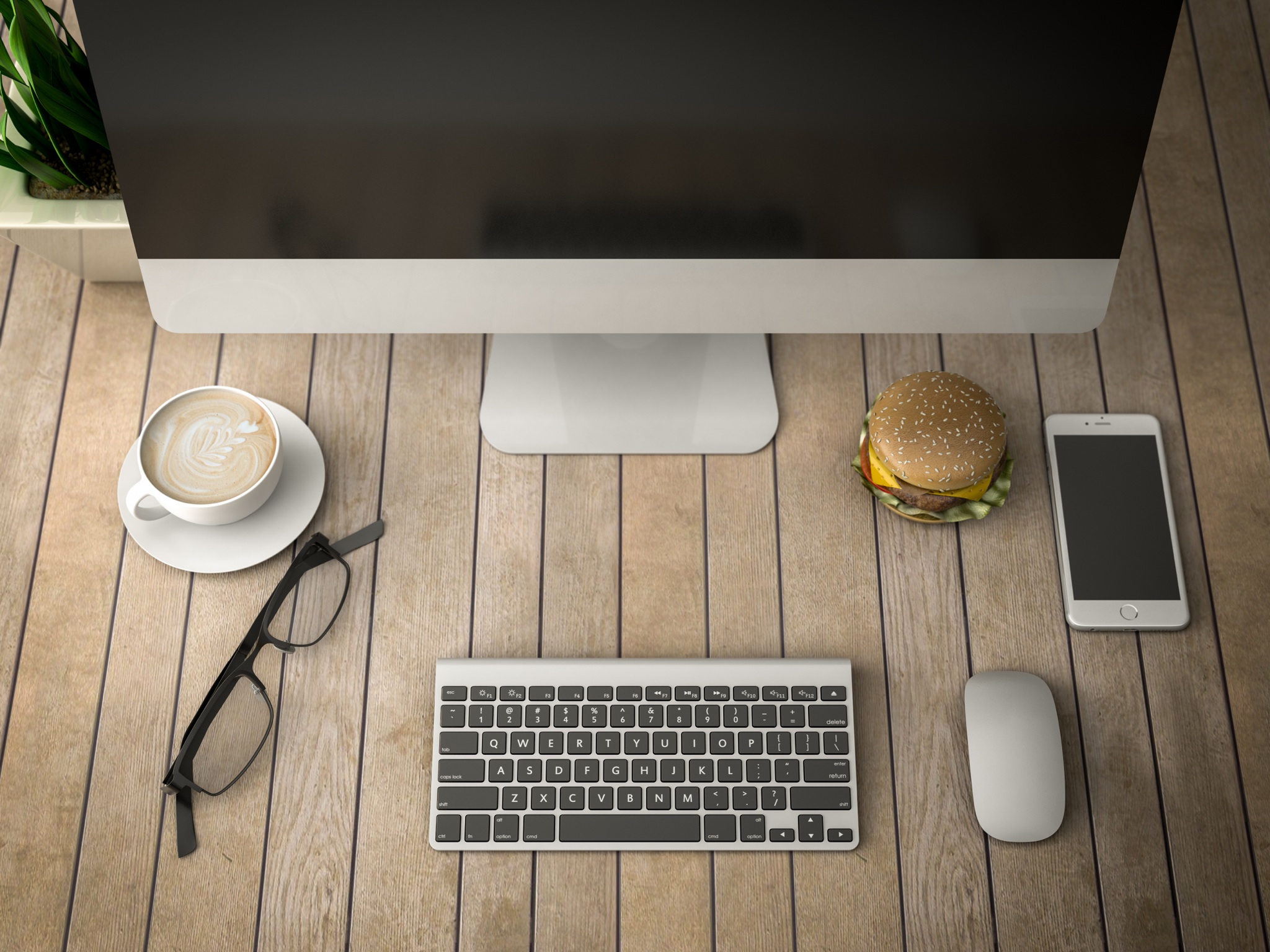breakfast with a computer, telephone and coffee 3d illustration