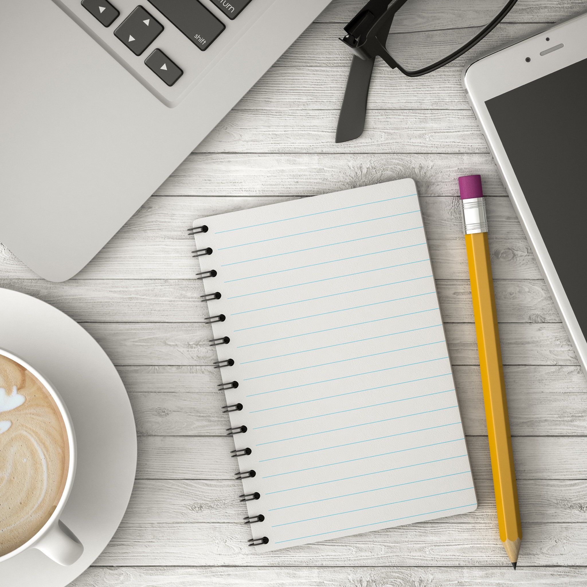 phone on on a wooden table, coffee and notebook 3d illustration